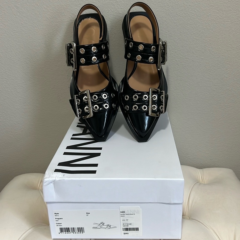 Ganni Black Patent Pointed Toe Buckle Flats